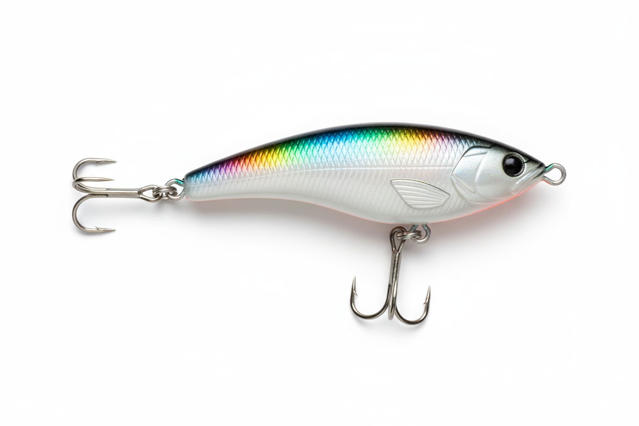 rapala con forma de pescado muy minimalista, dos anzuelos uno en cola y otro en abdomen, cuerpo blanco y lomo brillante efecto arcoiris