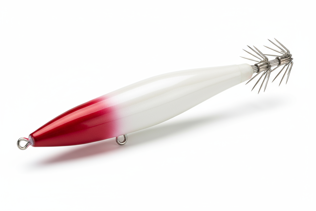 señuelo parecido a un boligrafo con forma ligera de ojiva con potera en la cola, todo blanco y la zona de la cabeza roja